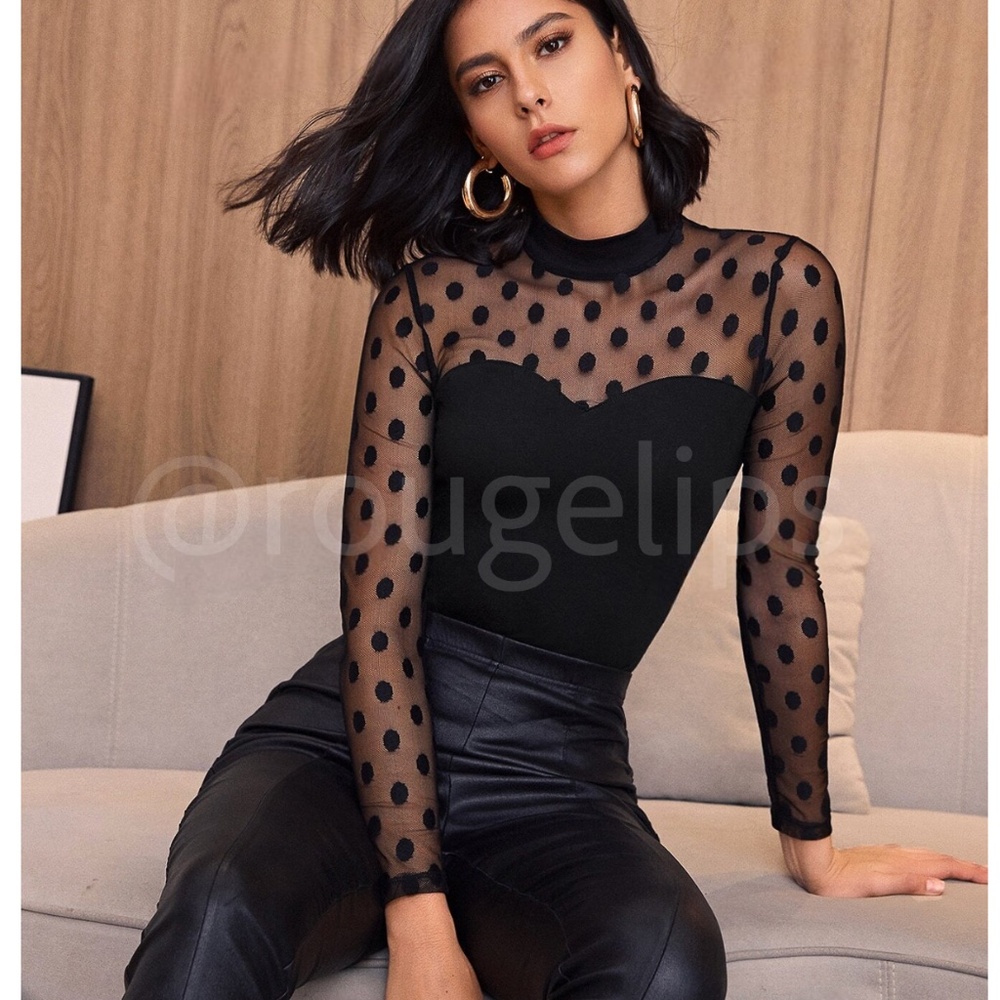Rouge! Black Mesh Polka Dot Long Sleeve Top